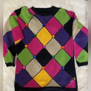 Vintage Eminent 80’s Sweater heart gems, sequin outline diamond design front.